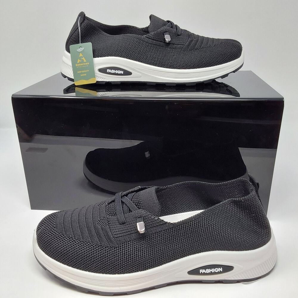 Sonorous Women's Slip On Walking Shoes Black Knit Comfort Sneakers Size 6.5